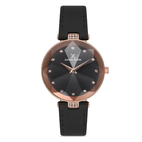 Relógio Analógico Feminino Daniel Klein DK.1.12728-5 Premium Ladies / Pulseira de Couro Genuino - Preto/Rose Gold