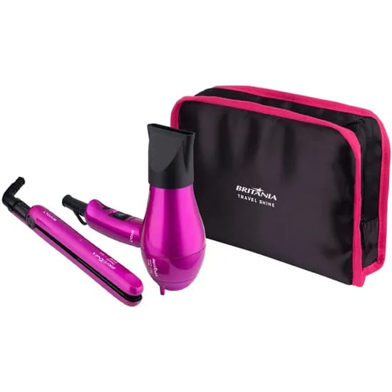 Kit Britania Travel Shine Rose Secador 1000W + Alisador Shine Bivolt
