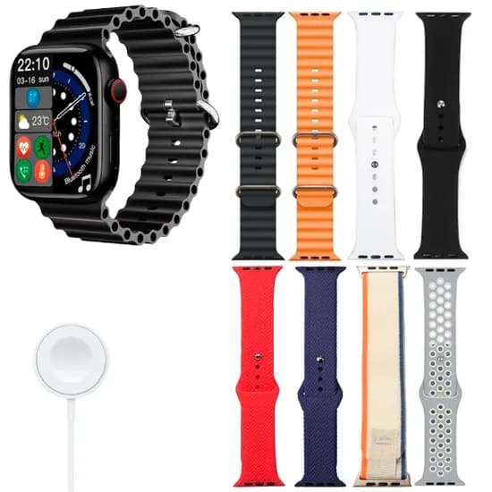 Kit Relogio Smartwatch Amoled HW-69 Pro Max / 8 Em 1 / com Bluetooth / 8 Pulseiras - Laranja