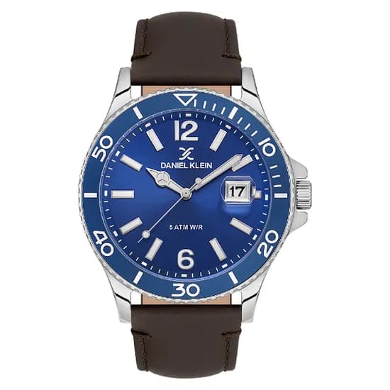 Relogio Analógico Masculino Daniel Klein DK.1.13905-2 Premium Gents / Pulseira de Couro Genuino - Azul/Prata/Marrom