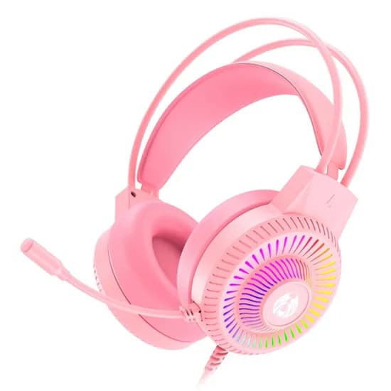 Fone de Ouvido com Fio RGB Batxellent H81 Ajustável para Jogos com Cancelamento de Ruído com Microfone para PC, Laptop, Celular - Pink