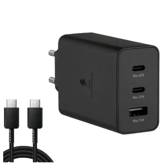 Carregador de Parede Samsung Power Adapter Trio 65W (EP-TA800) 2 USB-C / USB-A com Cabo USB-C / USB-C Incluido - Preto