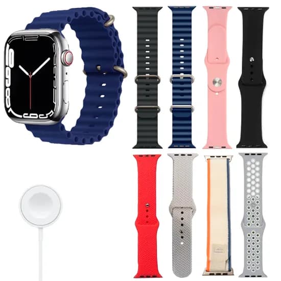 Kit Relogio Smartwatch Amoled HW-69 Pro Max / 8 Em 1 / com Bluetooth / 8 Pulseiras - Azul