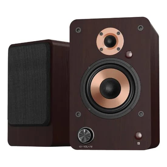 Speaker / Caixa de Som Bookshelf Lonpoo LP-42M com Bluetooth / Aux / Coaxial / USB / Controle Remoto - Marrom