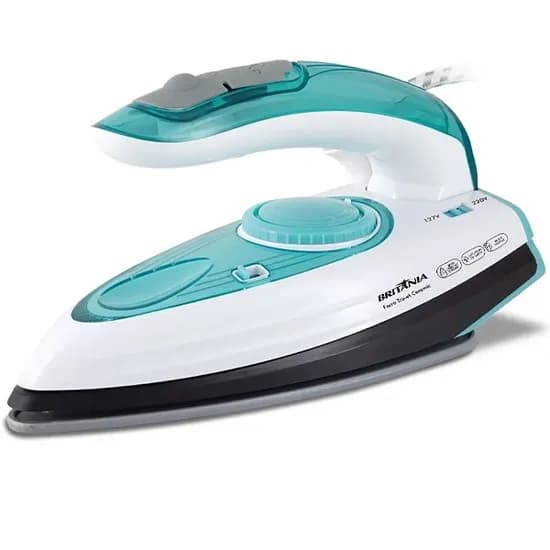 Ferro de Passar Britânia Travel Ceramic de 1.200 Watts Antiaderente + Spray Bivolt - Branco/Azul