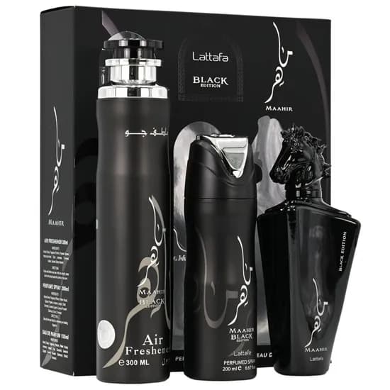 Kit Lattafa Maahir Black Edition - Eau de Parfum - Unissex - 3 Em 1 - 300ML + 200ML + 100ML