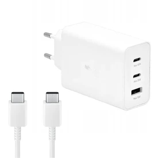 Carregador de Parede Samsung Power Adapter Trio 65W (EP-TA800) 2 USB-C / USB-A com Cabo USB-C / USB-C Incluido - Branco