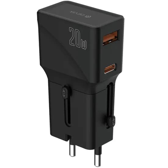 Carregador Devia G520 20W Fuente USB-C/ USB-A Eu/ Uk/ Usa/ JP/ CN Sem Cabo - Black
