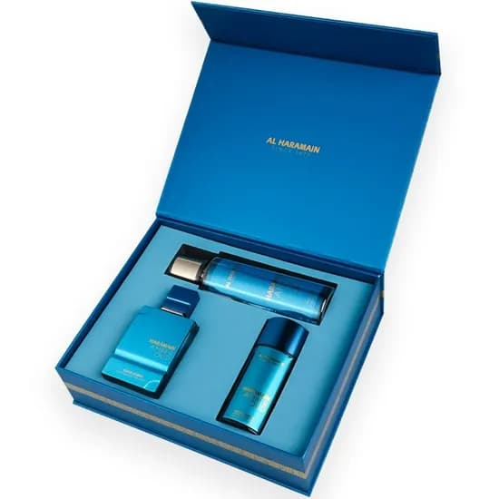 Al Haramain Amber Oud Aqua Dubai Perfumery Gift Set With (75ML+30ML+Bo