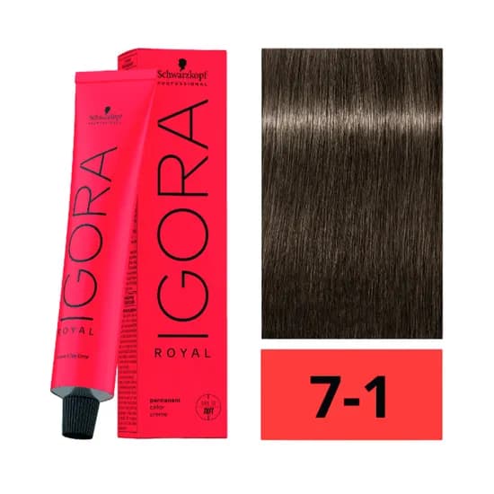 Crema de Coloración Schwarzkopf Igora Royal 7-1 Rubio Medio Ceniza 60GR
