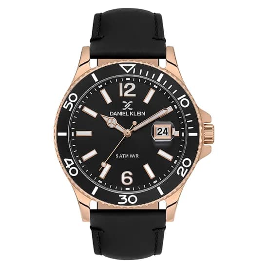 Relogio Analógico Masculino Daniel Klein DK.1.13905-4 Premium Gents / Pulseira de Couro Genuino - Preto/Rose Gold