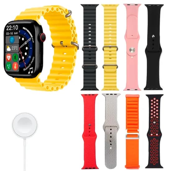 Kit Relogio Smartwatch Amoled HW-69 Pro Max / 8 Em 1 / com Bluetooth / 8 Pulseiras - Amarelo