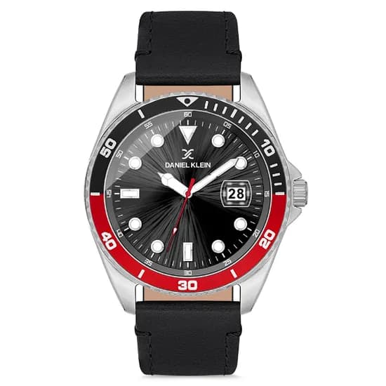 Relogio Analógico Masculino Daniel Klein DK.1.12665-2 Premium Gents / Pulseira de Couro Genuino - Preto/Vermelho/Prata