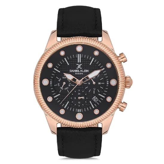 Relogio Analógico Masculino Daniel Klein DK.1.12723-6 Exclusive Gents / Pulseira de Couro Genuino - Preto/Rose Gold