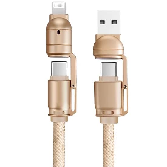 Cabo G-Tide Bullet Power WC155-5 / 4 Em 1 / USB-C + Lightning + USB / 1.5 Metros / Nylon - Dourado
