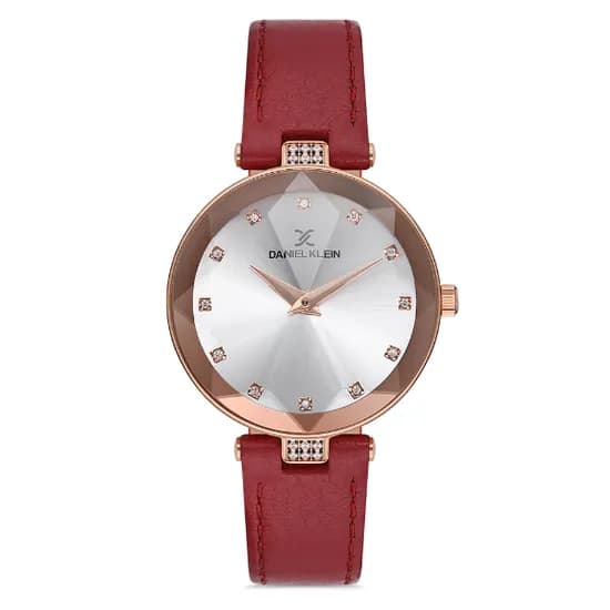 Relógio Analógico Feminino Daniel Klein DK.1.12728-2 Premium Ladies / Pulseira de Couro Genuino - Vermelho/Rose Gold