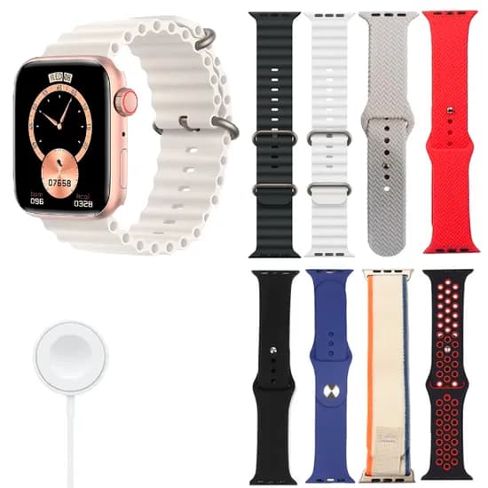 Kit Relogio Smartwatch Amoled HW-69 Pro Max / 8 Em 1 / com Bluetooth / 8 Pulseiras - Gold