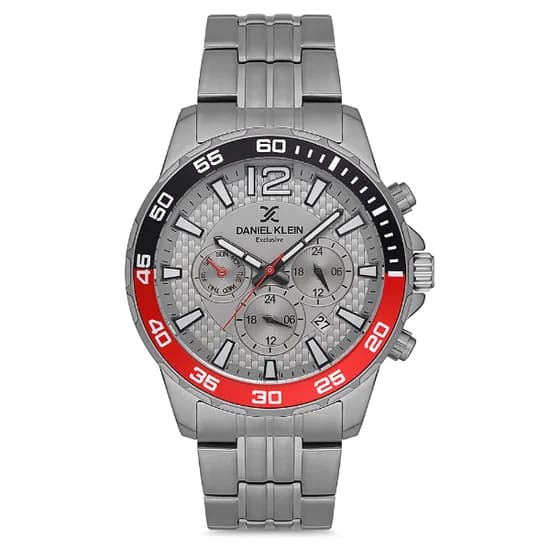 Relogio Analógico Masculino Daniel Klein DK.1.12675-5 Exclusive Gents / Pulseira de Aço Inoxidável - Prata/Vermelho/Negro