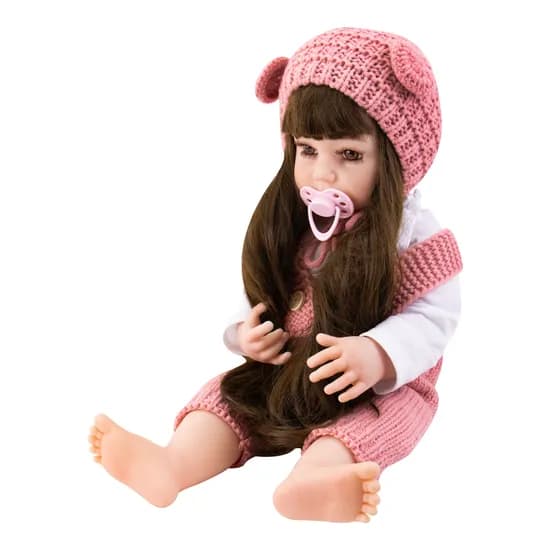 Boneca Baby Reborn V-62 - 55CM - Silicone - Macacão Rosa Croche
