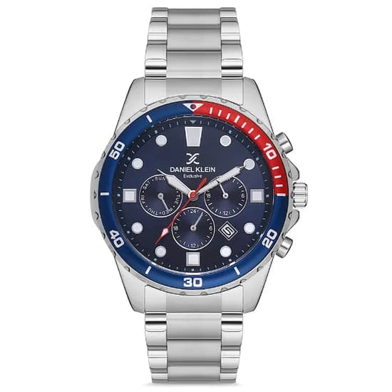 Relogio Analógico Masculino Daniel Klein DK.1.12680-3 Exclusive Gents / Pulseira de Aço Inoxidável - Prata/Azul/Vermelho