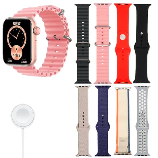 Kit Relogio Smartwatch Amoled HW-69 Pro Max / 8 Em 1 / com Bluetooth / 8 Pulseiras - Rosa