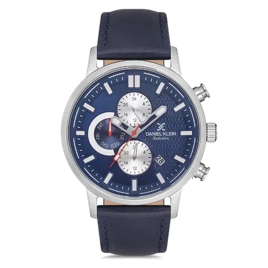 Relogio Analógico Masculino Daniel Klein DK.1.12707-2 Exclusive Gents / Pulseira de Couro Genuino - Azul Marinho/Prata
