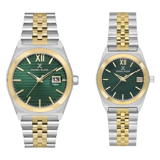 Relogio Analógico Masculino e Feminino Daniel Klein DK.1.14283-4 Pair Gent & Lady / Pulseira de Aço Inoxidável - Prata/Gold/Verde