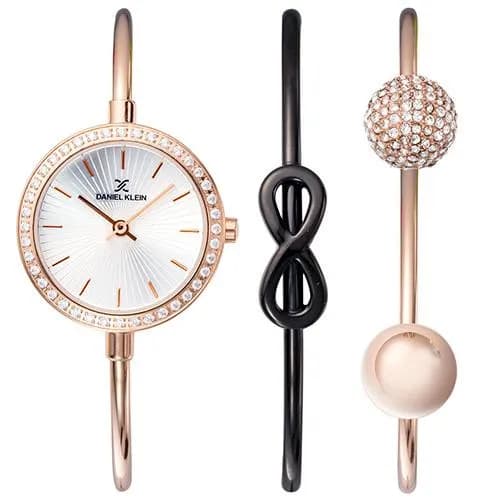 Relógio Analógico Daniel Klein Gift Sets DK11931-6 Feminino com Duas Pulseiras de Aço Inoxidável - Rosa Ouro e Preto