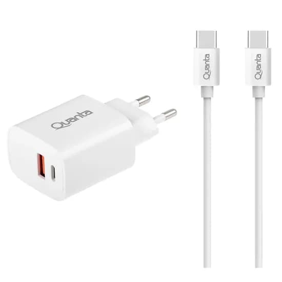 Carregador de Parede QTCACR2 USB-A/USB-C 20W + Cable USB-C QTCTC70 (1M) - White