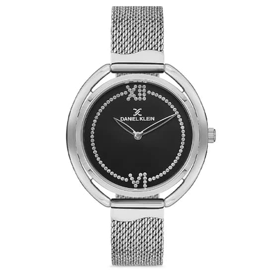 Relogio Analogico Feminino Daniel Klein DK.1.12695-6 Premium Ladies / Pulseira de Malha Metalica - Prata/Preto