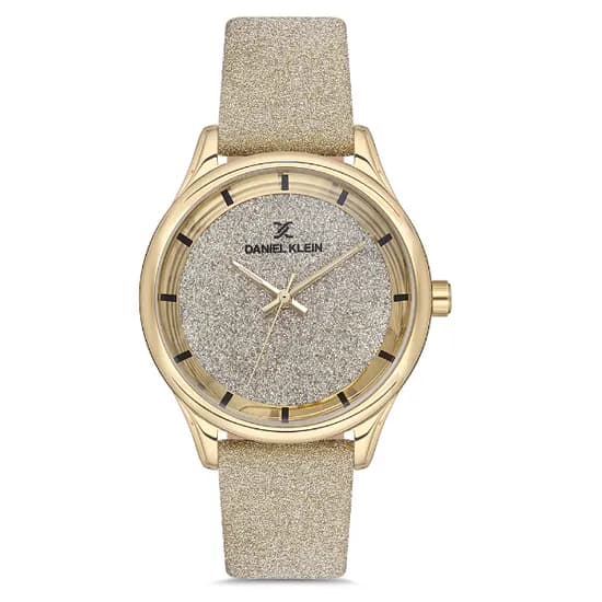 Relógio Analógico Feminino Daniel Klein DK.1.12667-3 Premium Ladies / Pulseira de Couro - Dourado Glitter