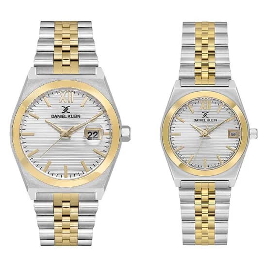 Relogio Analógico Masculino e Feminino Daniel Klein DK.1.14283-3 Pair Gent & Lady / Pulseira de Aço Inoxidável - Prata/Gold