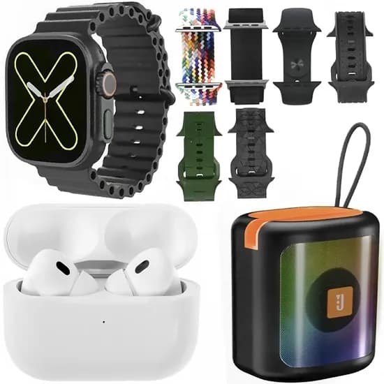 Kit Relógio K28 Combo 49 MM com Bluetooth + Fone de Ouvido Sem Fio + Speaker Preto
