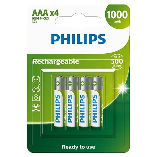 Pilha Recarregável AAA Philips R03B4RTU10/97 de 1.000 Mah 1.2V - 4 Unidades