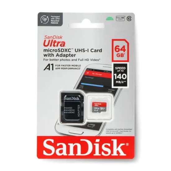 Cartão de Memoria Micro SD de 64GB Sandisk Ultra 140MB/s Classe 10 - Cinza/Vermelho