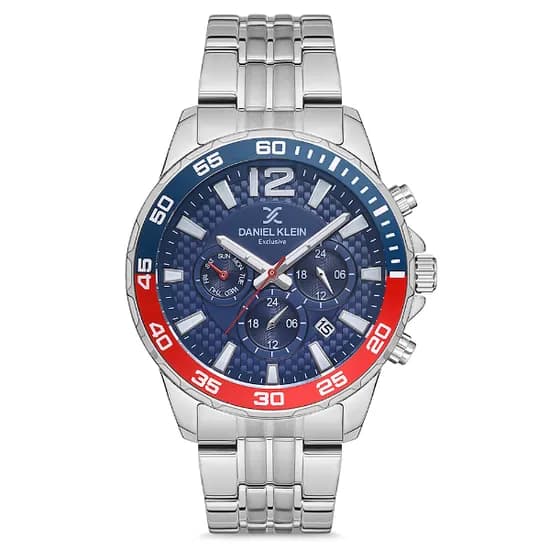 Relogio Analógico Masculino Daniel Klein DK.1.12675-2 Exclusive Gents / Pulseira de Aço Inoxidável - Prata/Vermelho/Azul
