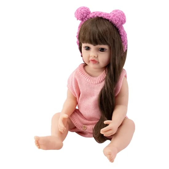Boneca Baby Reborn V-64 - 55CM - Silicone - Roupa Croche Rosa
