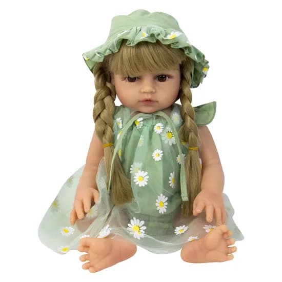 Boneca Baby Reborn V-33 - 48CM - Silicone - Roupa Vestido Verde com Flores