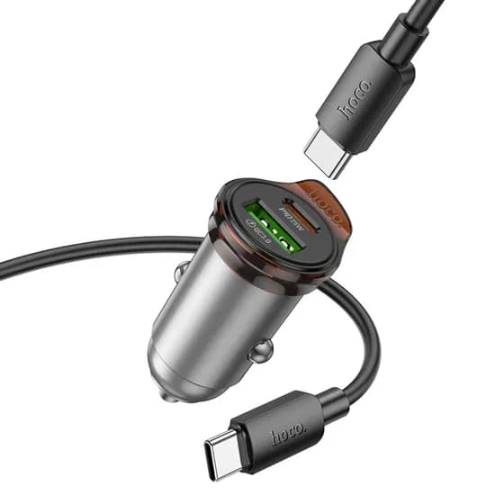Carregador Veicular Hoco NZ16A USB-A/USB-C c/Cabo USB-C/USB-C