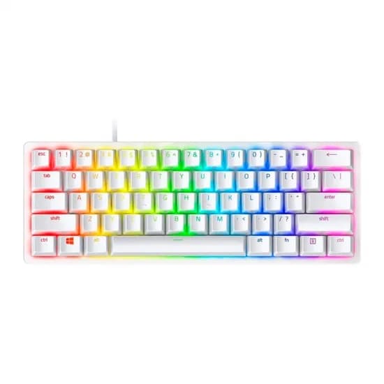 Teclado Gamer Mecânico Razer Huntsman Mini, RGB 60% USB-C, Switch Razer Clicky Roxo, Inglês, Branco Mercury