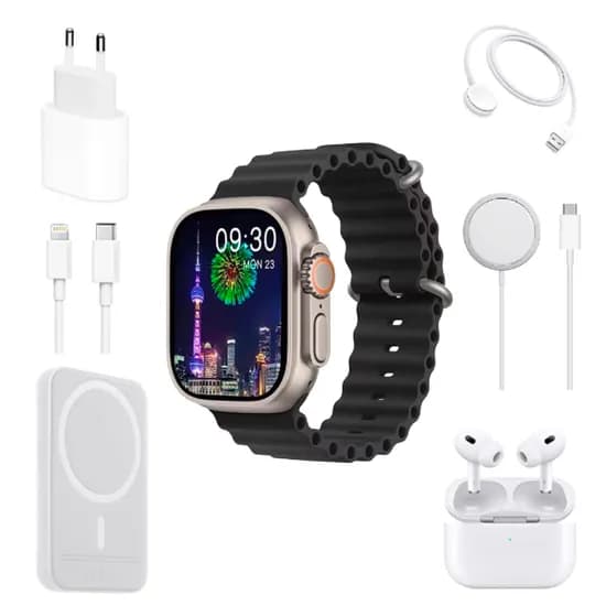 Kit Relogio Smartwatch X12 /49MM / com Fone de Ouvido + Carregador de Parede USB-C com Cabo USB-C para Lightning + Carregador Portatil + Carregador Magsafe - Preto