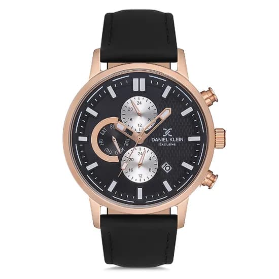 Relogio Analógico Masculino Daniel Klein DK.1.12707-3 Exclusive Gents / Pulseira de Couro Genuino - Preto/Rose Gold