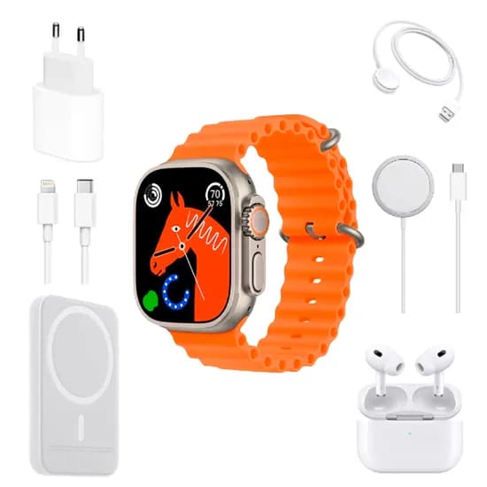 Kit Relogio Smartwatch X12 /49MM / com Fone de Ouvido + Carregador de Parede USB-C com Cabo USB-C para Lightning + Carregador Portatil + Carregador Magsafe - Laranja