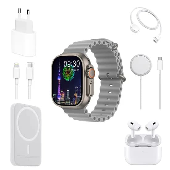 Kit Relogio Smartwatch X12 /49MM / com Fone de Ouvido + Carregador de Parede USB-C com Cabo USB-C para Lightning + Carregador Portatil + Carregador Magsafe - Cinza