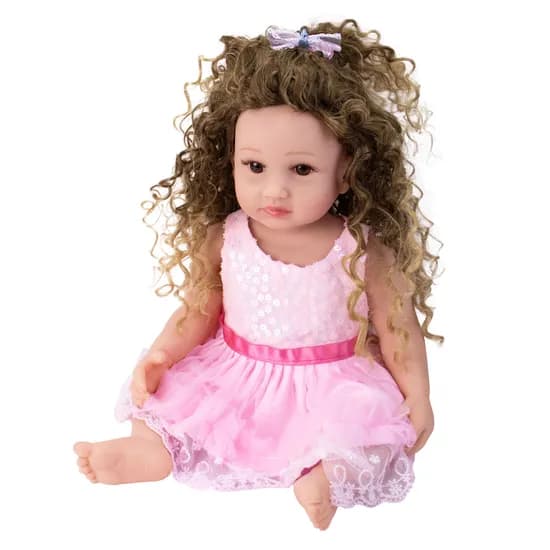 Boneca Baby Reborn V-38 - 55CM - Silicone - Roupa Vestido Rosa
