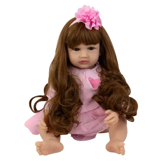 Boneca Baby Reborn V-50 - 55CM - Silicone - Roupa Vestido Casaco Rosa