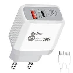 Carregador Tomada Kolke KCR-2706 USB 3.0 / USB-C / 20W - Branco / Cinza + Cabo USB-C 1M