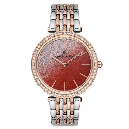 Relógio Analógico Feminino Daniel Klein DK.1.12687-6 Premium Ladies / Pulseira de Aço Inoxidável - Prata/Rose Gold/Vermelho Glitter