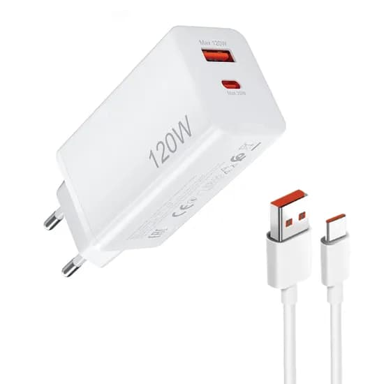 Carregador / Adaptador de Parede 120W Gan 13AC MDY-M13-Ac / USB-A / USB-C + Cabo USB-A - USB-C - Branco